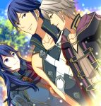 1girl 2boys :d blue_eyes blue_hair blue_sky blurry blurry_background brown_eyes collarbone day dutch_angle eye_contact fire_emblem fire_emblem:_kakusei krom long_hair looking_at_another lucina male_my_unit_(fire_emblem:_kakusei) mejiro multiple_boys my_unit_(fire_emblem:_kakusei) nintendo open_mouth outdoors silver_hair sky sleeveless smile 