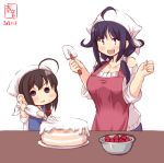  2girls :3 alternate_costume antenna_hair apron artist_logo bakery baking bare_shoulders blush braid breasts cake cleavage collarbone cooking cream dated denim eyebrows_visible_through_hair food fruit hair_flaps hair_over_shoulder head_scarf highres indoors jeans kanon_(kurogane_knights) kantai_collection kitchen large_breasts long_hair low_twintails mixing_bowl multiple_girls open_mouth pants pastry_bag red_eyes ryuuhou_(kantai_collection) shigure_(kantai_collection) shop signature simple_background single_braid sleeves_rolled_up smile spatula strawberry sweatdrop sweater table taigei_(kantai_collection) turtleneck turtleneck_sweater twintails white_background white_sweater younger 