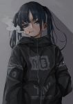  1girl blue_eyes blue_hair cigarette grey_background hand_in_pocket hood hoodie original rabbit_(wlsdnjs950) smoking solo sweatshirt twintails 