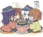  &gt;_&lt; 4girls :d akatsuki_(kantai_collection) anchor_symbol bangs black_hat blue_eyes blue_sailor_collar blue_skirt blush bowl brown_eyes brown_hair calendar_(object) chopsticks closed_eyes closed_mouth commentary_request cushion eyebrows_visible_through_hair fang flat_cap folded_ponytail food food_on_face hair_between_eyes hanten_(clothes) hat hibiki_(kantai_collection) highres hizuki_yayoi holding holding_bowl holding_chopsticks ikazuchi_(kantai_collection) inazuma_(kantai_collection) kantai_collection kotatsu ladle long_hair long_sleeves multiple_girls nabe neckerchief open_mouth pleated_skirt pot purple_hair red_neckwear rice rice_on_face sailor_collar school_uniform serafuku shirt short_hair silver_hair simple_background sitting skirt sleeves_past_wrists smile table white_background white_shirt wide_sleeves xd 