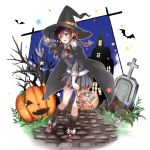  1girl alternate_costume bat black_legwear black_skirt blue_eyes brown_footwear brown_hair candy food hair_between_eyes halloween halloween_basket halloween_costume happy_halloween hat highres jack-o&#039;-lantern kantai_collection looking_at_viewer mashiro_aa night open_mouth pumpkin shigure_(kantai_collection) shoes skirt smile socks solo tombstone tree trick_or_treat twintails witch witch_hat 