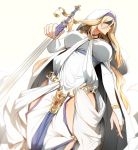  1girl bangs black_blindfold blindfold blonde_hair breasts bridal_gauntlets cloak dress dutch_angle facing_away goblin_slayer! gold_trim groin habit holding holding_sword holding_weapon jewelry large_breasts long_hair navel necklace pelvic_curtain ryu_jiao sidelocks simple_background solo sword sword_maiden underbust very_long_hair weapon white_background white_cloak white_dress 