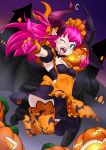  1girl absurdres aesir apron asymmetrical_horns blue_eyes blush breasts curled_horns demon_tail dragon_girl dragon_horns dress elizabeth_bathory_(fate) elizabeth_bathory_(fate)_(all) elizabeth_bathory_(halloween)_(fate) fate/extra fate/extra_ccc fate/grand_order fate_(series) frills halloween halloween_costume hat highres horns idol jack-o&#039;-lantern long_hair looking_at_viewer maid maid_cap maid_headdress open_mouth pink_hair pointy_ears pumpkin smile solo tail thigh-highs victorian_maid witch_hat 