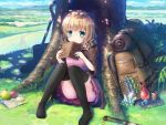  1girl :3 apple backpack bag black_legwear blonde_hair blush book closed_mouth day eyebrows_visible_through_hair food fruit green_eyes holding holding_book looking_at_viewer map original outdoors pocket_watch psyche3313 short_hair sitting smile solo sword test_tube thigh-highs tree tree_shade watch weapon 