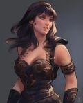  1girl armlet armor armored_dress black_hair blue_eyes bracer breasts cleavage commentary english_commentary eyelashes highres lips long_hair medium_breasts nat_the_lich nose pauldrons solo xena xena:_warrior_princess 