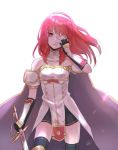  1girl arm_guards black_gloves breastplate cape celica_(fire_emblem) detached_collar dress fingerless_gloves fire_emblem fire_emblem_echoes:_mou_hitori_no_eiyuuou gloves hand_on_own_face highres holding holding_sword holding_weapon long_hair nintendo parted_lips red_eyes redhead repu_(rep_sha) simple_background solo sword thigh-highs weapon white_background zettai_ryouiki 