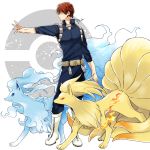  1boy alolan_ninetales blue_bodysuit bodysuit boku_no_hero_academia boots creatures_(company) dandel game_freak gen_1_pokemon looking_to_the_side ninetales nintendo outstretched_arm poke_ball_symbol pokemon redhead signature todoroki_shouto white_footwear 