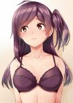  1girl ahoge bangs bare_shoulders blush bra brown_eyes closed_mouth collarbone embarrassed gradient gradient_background hagikaze_(kantai_collection) highres kamelie kantai_collection long_hair looking_away one_side_up purple_bra purple_hair sidelocks simple_background solo sweat tearing_up underwear underwear_only upper_body wavy_mouth 