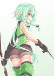  1girl :d ass bare_shoulders black_bow black_gloves blush bow bow_(weapon) brown_shorts crossbow elf eyebrows_visible_through_hair from_behind gloves goblin_slayer! green_eyes green_hair hair_bow half-closed_eyes high_elf_archer_(goblin_slayer!) highres hip_vent long_hair looking_at_viewer looking_back low_ponytail newmori open_mouth pointy_ears short_shorts shorts sidelocks sleeveless smile solo weapon 
