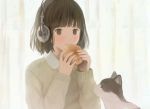  1girl akg animal bangs black_eyes blunt_bangs bob_cut bread brown_hair cat eating food headphones k701 kurumipan nakamura_hinata original short_hair solo sweater upper_body 