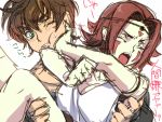  1boy 1girl ashitaka ashitaka_(cosplay) carrying closed_eyes code_geass cosplay creayus facepaint flipped_hair hand_on_another&#039;s_face kallen_stadtfeld kururugi_suzaku mononoke_hime princess_carry pushing_away pushing_face redhead san san_(cosplay) short_hair sketch struggling sweatdrop talking translated 