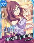  blush brown_eyes character_name dress glasses idolmaster idolmaster_cinderella_girls long_hair purple_hair smile yagami_makino 