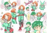  !! 1boy 1girl :d :o artist_request black_legwear blush bodysuit boku_no_hero_academia brown_eyes brown_hair clenched_hands closed_eyes cosplay covering_face english eyelashes freckles gloves green_bodysuit green_eyes green_hair grey_jacket hair_ornament hairclip hood hood_down jacket knee_pads looking_at_viewer mask messy_hair midoriya_izuku midoriya_izuku_(cosplay) multiple_views necktie open_mouth punching red_footwear red_neckwear short_eyebrows short_hair smelling smile speech_bubble star thought_bubble translation_request u.a._school_uniform uraraka_ochako waving white_background white_gloves 