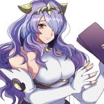  1girl blue_hair camilla_(fire_emblem_if) dress elbow_gloves fingerless_gloves fire_emblem fire_emblem_heroes fire_emblem_if gloves hair_over_one_eye holding holding_paper looking_at_viewer nintendo paper rem_sora410 simple_background smile solo violet_eyes white_background 