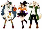  1girl 2boys all_might animal_ears bakugou_katsuki bandaged_hand black_footwear black_nails black_skirt blush_stickers boku_no_hero_academia boots breasts brown_footwear candy_wrapper chains choker cleavage clenched_teeth collar corset cuffs dandel earrings fangs freckles frilled_skirt frills ghost_costume green_eyes green_hair green_nails halloween_costume hat hood jack-o&#039;-lantern jewelry knee_boots lantern large_breasts midoriya_izuku multicolored multicolored_nails multiple_boys nail_polish orange_nails orange_shirt red_choker red_footwear scar shackles sharp_nails shirt shoes skirt star_hat_ornament tail teeth uraraka_ochako white_background witch_hat wolf_ears wolf_tail 