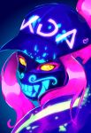  1girl akali baseball_cap close-up commentary english_commentary eyeshadow face face_mask flandraws hat highres inverted_colors k/da_(league_of_legends) k/da_akali league_of_legends looking_at_viewer makeup mask neon pink_hair solo yellow_eyes yellow_sclera 