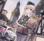  1girl alternate_costume bag bangs blonde_hair blue_eyes blush bread buttons car closed_mouth coat commentary_request earmuffs eyebrows_visible_through_hair food grocery_bag ground_vehicle hair_between_eyes hat headgear highres holding kabayaki_namazu kantai_collection long_hair looking_at_viewer motor_vehicle shopping_bag smile snow snowing solo standing sweater sweater_vest thigh-highs u-511_(kantai_collection) winter winter_clothes 