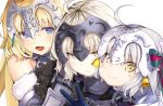  3girls :d bare_shoulders bell black_gloves blue_eyes blush blush_stickers bow fate/apocrypha fate/grand_order fate_(series) fur_trim gauntlets gloves hair_bow helmet iwasaki_takashi jeanne_d&#039;arc_(alter)_(fate) jeanne_d&#039;arc_(fate) jeanne_d&#039;arc_(fate)_(all) jeanne_d&#039;arc_alter_santa_lily long_hair looking_at_viewer multiple_girls open_mouth simple_background smile v white_background white_hair yellow_eyes 