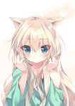  1girl animal_ears bangs bare_shoulders blonde_hair blue_eyes blush brown_background cat_ears closed_mouth collarbone eyebrows_visible_through_hair gradient gradient_background green_shirt hair_between_eyes hamaru_(s5625t) hands_up highres long_hair long_sleeves looking_at_viewer off_shoulder original shirt solo upper_body very_long_hair white_background wide_sleeves 