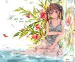  1girl artist_name bare_arms bare_shoulders blush bow breasts brown_hair cleavage collarbone dated flower flower_request hair_bow hmw_(pixiv7054584) long_hair looking_at_viewer miniskirt no_shoes original parted_lips partially_submerged plant red_eyes red_flower reflection refraction shirt sitting skirt sleeveless sleeveless_shirt smile solo thigh-highs twintails upper_teeth water water_drop waterfall white_legwear white_skirt yokozuwari 