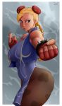  1girl adapted_costume blonde_hair blue_dress blue_eyes bracelet bun_cover cammy_white camouflage capcom chinese_clothes chun-li chun-li_(cosplay) commentary_request cosplay double_bun dress facial_scar fighting_game fighting_stance fingerless_gloves gloves highres hips hybrid jewelry long_hair looking_at_viewer matoc pantyhose red_gloves scar scar_on_cheek sleeveless sleeveless_dress solo spiked_bracelet spikes street_fighter thick_thighs thighs tumblr vest 