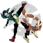  1boy alternate_hair_color black_legwear blue_hair bodysuit boku_no_hero_academia clenched_hands creatures_(company) dandel freckles game_freak gloves green_bodysuit hood hood_down kicking looking_at_viewer mega_lopunny midoriya_izuku nintendo poke_ball_symbol pokemon red_footwear signature white_gloves 