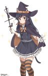  animal_ears asashio_(kantai_collection) belt black_cape black_hair blue_eyes bow bowtie buttons cape cat_ears cat_tail commentary dress frilled_dress frills gloves halloween halloween_costume hat highres holding holding_staff kantai_collection long_hair long_sleeves looking_at_viewer meguru_(megurunn) orange_bow orange_ribbon pinafore_dress remodel_(kantai_collection) ribbon school_uniform searchlight shirt simple_background sparkle sparkle_background staff striped striped_legwear tail thigh-highs twitter_username white_gloves white_shirt witch witch_hat 
