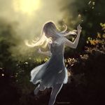  1girl barefoot commentary dancing dress english_commentary facing_viewer leaf long_hair nature original outdoors solo standing watermark web_address wenqing_yan white_dress white_hair wind 