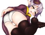  1girl :d ass black_legwear blush brown_eyes hat hat_feather highres looking_at_viewer master_of_epic mini_hat open_mouth panties pointy_ears purple_hair rirusu short_hair smile solo thigh-highs thighs tilted_headwear underwear white_background white_panties 