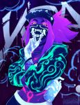  1girl akali baseball_cap bodypaint bracelet commentary covered_mouth cropped_jacket crossed_arms cunnilingus_gesture english_commentary face_mask graffiti guttertongue hat hood hooded_jacket idol inverted_colors jacket jewelry k/da_(league_of_legends) k/da_akali league_of_legends looking_at_viewer mask medium_hair midriff navel neon purple_hair solo spray_can toned yellow_eyes 