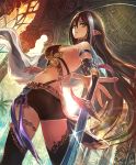  1girl artist_request brown_hair cygames earrings gold_trim green_eyes indoors jewelry long_hair looking_at_viewer looking_back multicolored_hair official_art parted_lips pointy_ears revealing_clothes shadowverse shorts streaked_hair sword temple thigh-highs underworld_ruler_aisha very_long_hair weapon white_hair 