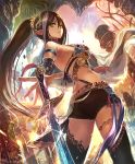  1girl artist_request brown_hair cygames earrings gold_trim green_eyes indoors jewelry long_hair looking_at_viewer looking_back multicolored_hair official_art parted_lips pointy_ears ponytail revealing_clothes scabbard shadowverse sheath shorts sword temple thigh-highs underworld_ruler_aisha weapon 