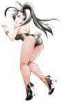  1girl animal_ears ass bare_shoulders black_hair bracelet breasts bunny_girl bunny_tail bunnysuit commentary_request dragon_quest dragon_quest_xi equal_(melomelopunch) eyebrows_visible_through_hair fishnets hair_over_one_eye high_heels highres jewelry long_hair long_ponytail looking_at_viewer looking_back martina_(dq11) parted_lips ponytail rabbit_ears sideboob solo tail very_long_hair violet_eyes 