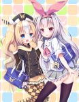  2girls :d :p alternate_costume argyle argyle_legwear ass azur_lane bag bag_charm black_jacket blonde_hair blue_eyes blush brown_legwear brown_mittens character_doll charm_(object) closed_mouth collared_shirt commentary_request diagonal_stripes fur-trimmed_mittens grey_skirt hair_ribbon hat heart highres hobby_(azur_lane) jacket kalk_(azur_lane) karaage3 long_hair long_sleeves looking_at_viewer mittens multicolored_hair multiple_girls open_mouth pantyhose pink_ribbon pleated_skirt ribbon school_bag school_uniform shirt silver_hair skirt smile streaked_hair striped striped_ribbon thigh-highs tongue tongue_out v very_long_hair violet_eyes waving white_hair white_ribbon white_shirt yellow_skirt 