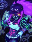  1girl akali asymmetrical_legwear baseball_cap belt breasts chain_necklace cleavage crop_top hat inverted_colors jacket k/da_akali league_of_legends long_sleeves looking_at_viewer midriff navel neon open_clothes phantom_ix_row ponytail purple_hair solo yellow_eyes 