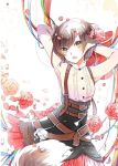  1girl animal_ears blue_ribbon brown_eyes brown_hair corset dress_shirt emo_(ricemo) eyebrows_visible_through_hair flower hands_in_hair long_sleeves looking_at_viewer open_mouth red_flower red_ribbon red_rose red_skirt ribbon rose ruby_rose rwby shirt short_hair skirt solo tail white_background white_shirt 