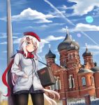  1girl 9a-91_(girls_frontline) absurdres bangs beret black_legwear blue_eyes blue_skirt blue_sky blush breasts cardigan closed_mouth clouds dated day earphones eyebrows_visible_through_hair girls_frontline hair_between_eyes hair_ornament hand_in_pocket hat highres holding light_particles long_hair looking_at_viewer medium_breasts moscow_kremlin outdoors pantyhose pleated_skirt red_hat red_scarf scarf school_uniform sechka signature silver_hair skirt sky solo star star_hair_ornament sweatdrop very_long_hair weapon_case 