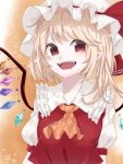  1girl :d ascot bangs blonde_hair blush commentary_request crystal esatongi eyebrows_visible_through_hair fangs flandre_scarlet frilled_shirt_collar frills gradient gradient_background hat hat_ribbon heart long_hair looking_at_viewer mob_cap one_side_up open_mouth orange_background pointy_ears puffy_short_sleeves puffy_sleeves red_eyes red_ribbon red_vest ribbon shirt short_sleeves smile solo star touhou upper_body vest white_background white_hat white_shirt wings yellow_neckwear 