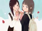  2girls backpack bag brown_eyes brown_hair crepe eating food fruit looking_at_viewer looking_back multiple_girls nakamura_hinata original smile strawberry sweater sweets 