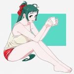  1girl barefoot camisole casual cup full_body green_background green_eyes green_hair grey_background irako_(kantai_collection) kantai_collection long_hair looking_at_viewer mug ojipon ponytail rectangle red_shorts short_shorts shorts sitting sleeveless solo spaghetti_strap two-tone_background 