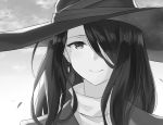  1girl azuuru fran_(majo_no_tabitabi) greyscale hair_over_one_eye hat highres long_hair looking_at_viewer majo_no_tabitabi mole mole_under_eye monochrome novel_illustration official_art portrait smile solo witch_hat 