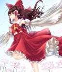  1girl ascot bangs bare_shoulders blue_sky blush bow breasts brown_eyes brown_hair collarbone commentary_request day detached_sleeves eyebrows_visible_through_hair feet_out_of_frame floating_hair flower frilled_bow frilled_shirt_collar frills hair_between_eyes hair_bow hair_tubes hakurei_reimu highres leg_up long_hair long_sleeves looking_at_viewer medium_breasts midriff navel outdoors outstretched_arms petals petticoat pink_flower rankasei red_bow red_skirt ribbon-trimmed_sleeves ribbon_trim sarashi sidelocks skirt sky solo standing standing_on_one_leg stomach touhou wide_sleeves yellow_neckwear 