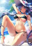  1girl arm_support armpits ball bangs bare_legs beach beachball bikini black_bikini blue_nails blue_sky blush breasts clouds covered_nipples criss-cross_halter deeple front-tie_bikini front-tie_top green_eyes halterneck hat hat_ribbon highres knee_up large_breasts long_hair looking_at_viewer love_live! love_live!_school_idol_project low_twintails nail_polish navel ocean open_mouth outdoors palm_tree purple_hair ribbon sand shiny shiny_skin side-tie_bikini sidelocks sitting skindentation sky solo stomach sun sun_hat sunlight swimsuit tareme thighs toujou_nozomi tree twintails water_drop white_hat 