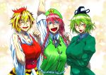  3girls arm_up bangs blonde_hair blue_eyes blush braid breasts brown_hair cleavage clenched_hands commentary_request crossed_arms dress eyebrows_visible_through_hair fangs green_dress green_eyes green_hair hair_between_eyes half-closed_eyes hand_up hands_up hat hong_meiling koyubi_(littlefinger1988) long_hair long_sleeves looking_at_viewer multicolored_hair multiple_girls open_mouth outstretched_arm redhead shirt short_hair short_sleeves side_braid smile soga_no_tojiko star tate_eboshi toramaru_shou touhou twin_braids two-tone_hair upper_body vest wide_sleeves yellow_eyes 