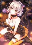  1girl absurdres alternate_costume animal_ears bangs bare_shoulders bat between_legs blurry blurry_background blush boots breasts brown_eyes cat_ears cleavage collarbone commentary_request earrings eyebrows_visible_through_hair eyes_visible_through_hair fake_animal_ears food_themed_earrings full_body girls_frontline gloves hairband halloween hand_between_legs highres jack-o&#039;-lantern jack-o&#039;-lantern_earrings jewelry looking_at_viewer medium_breasts multiple_tails open_mouth orange_legwear paw_gloves paws pumpkin_earrings short_hair silk silver_hair simple_background single_thighhigh sitting skindentation solo spider_web tail thigh-highs thigh_strap thighs toki_(toki_ship8) two_tails vector_(girls_frontline) wariza yellow_eyes 