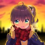  1girl absurdres ahoge blue_eyes blurry blurry_background blush brown_hair clouds cloudy_sky commentary_request heavy_breathing highres hololive looking_at_viewer minamura_haruki natsuiro_matsuri open_mouth portrait scarf school_uniform sky sunset 