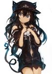  1girl absurdres akatsuki_(kantai_collection) animal_ears bangs black_hair black_shirt cat_ears cat_tail cowboy_shot flat_cap hair_between_eyes hands_on_own_chest hat highres kaamin_(mariarose753) kantai_collection kemonomimi_mode long_hair looking_at_viewer off_shoulder shirt simple_background smile solo tail violet_eyes white_background 