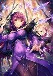  1girl bangs breasts cleavage crystal dress eyebrows_visible_through_hair fate/grand_order fate_(series) from_below fur_trim hair_between_eyes highres jewelry large_breasts long_hair looking_at_viewer polearm purple_dress purple_hair red_eyes runes scathach_(fate)_(all) scathach_skadi_(fate/grand_order) smile solo spear tako_seijin tiara wand weapon 