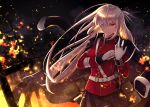  1girl bag bandage_over_one_eye burning fate/grand_order fate_(series) fire florence_nightingale_(fate/grand_order) gloves gun itsumi_mita jacket_on_shoulders long_hair pink_hair red_eyes satchel serious skirt weapon white_gloves 