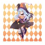  1other absurdres androgynous argyle argyle_background bare_shoulders blue_hair blush boots colored_eyelashes commentary_request full_body fur_trim halloween halterneck hat highres jester_cap kkkkuma layered_skirt long_hair looking_at_viewer ribbon rimuru_tempest shadow striped striped_legwear tensei_shitara_slime_datta_ken thigh-highs yellow_eyes 